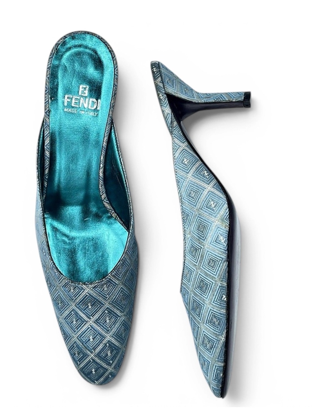 FENDI Vintage Zucca FF Monogram Ice Blue Jacquard Mule Slides Heels SZ 8